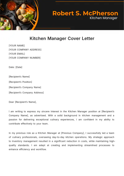 Free Kitchen Manager Cover Letter Template to Edit Online