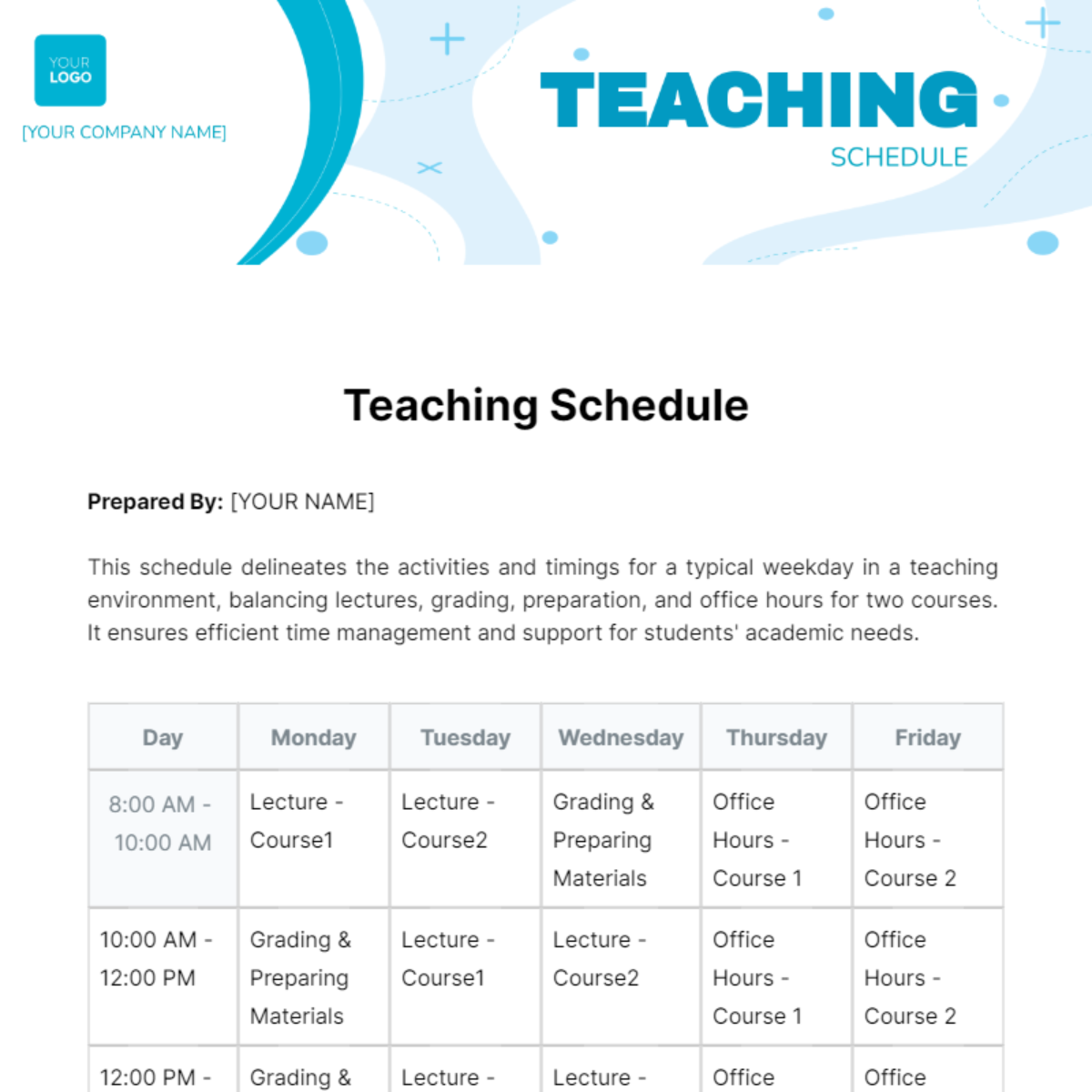 Teaching Schedule Template