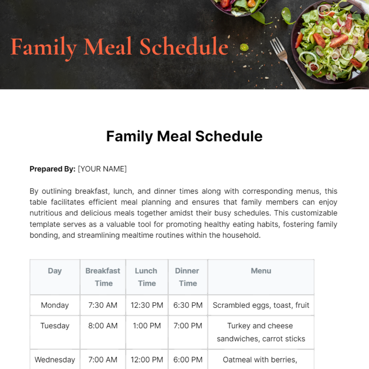 Family Meal Schedule Template