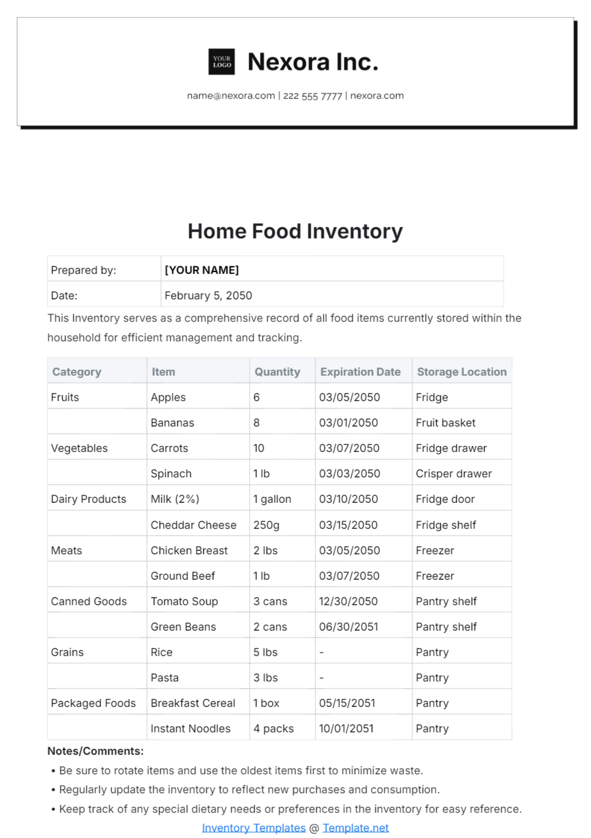 Home Food Inventory Template