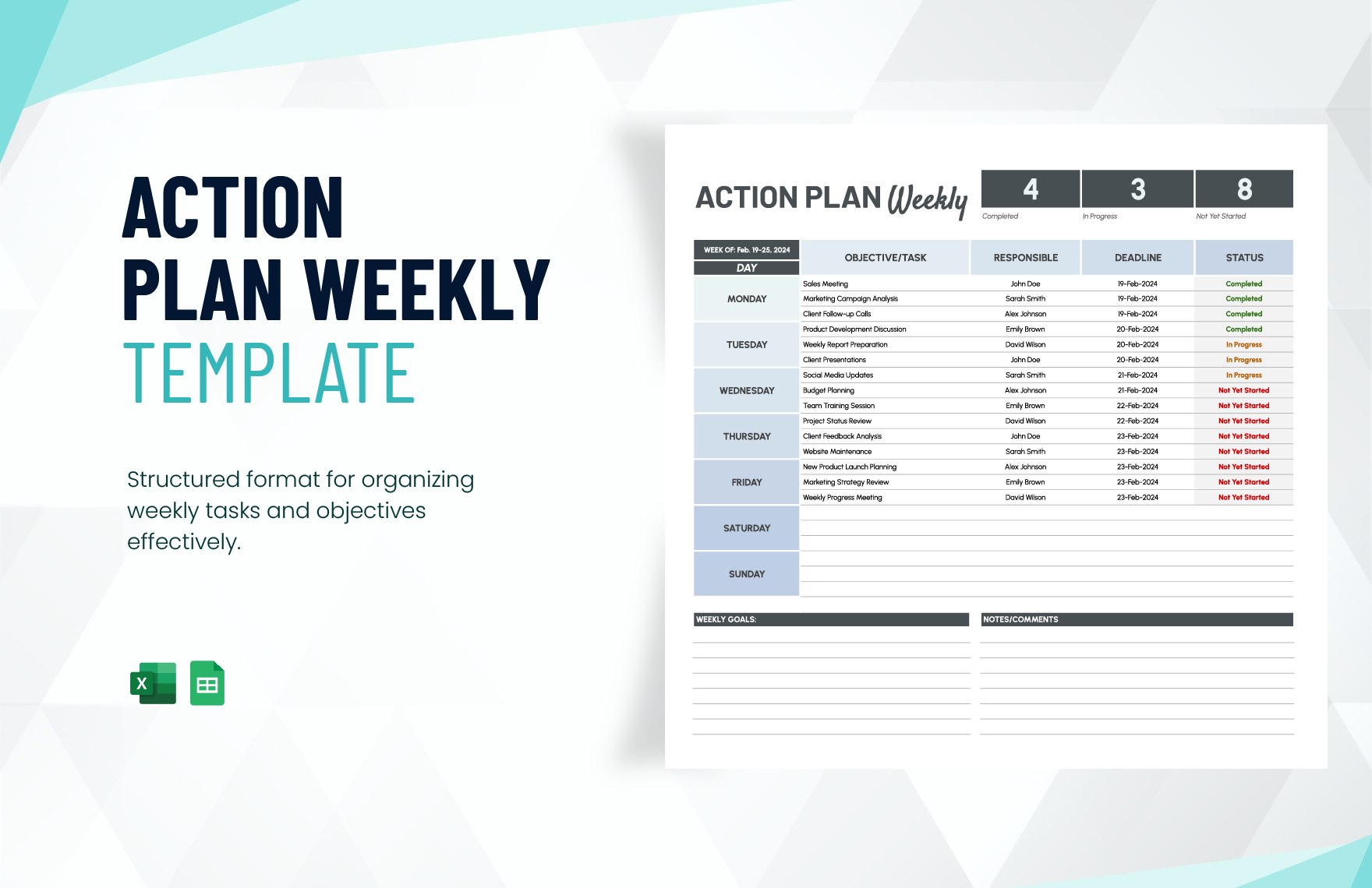 Action Plan Weekly Template in Excel, Google Sheets - Download | Template.net