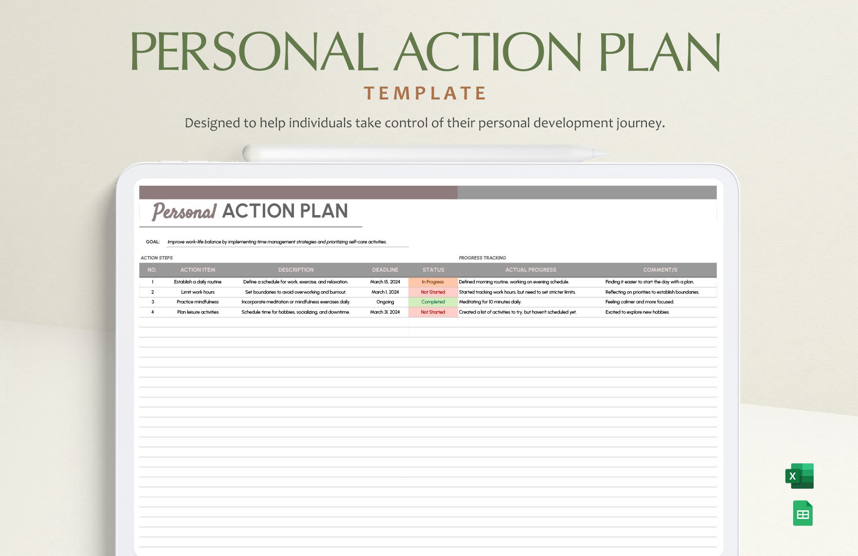 Free Personal Action Plan Template in Excel, Google Sheets