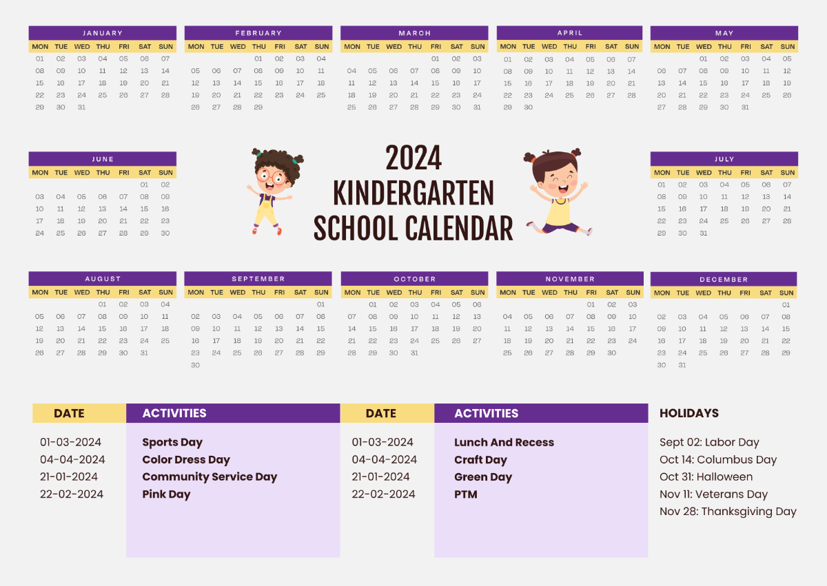 Kindergarten School Calendar Template