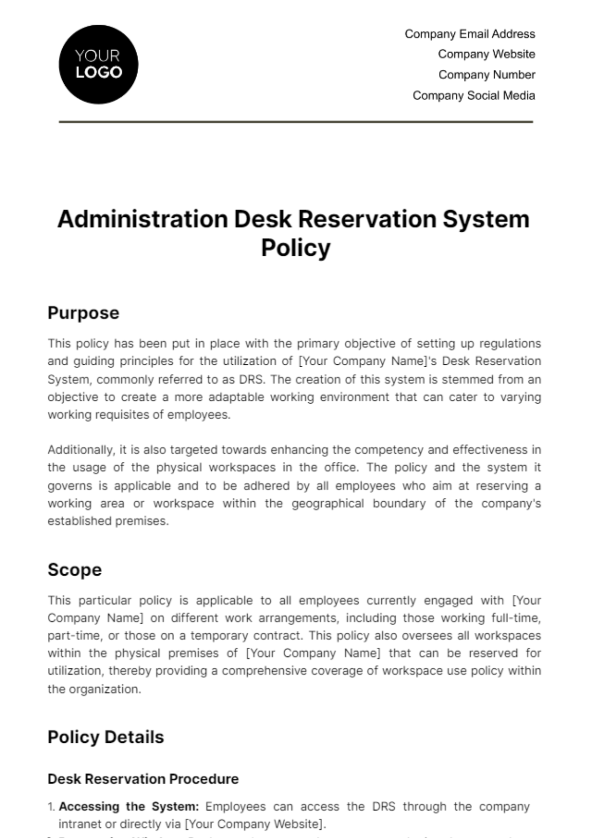 Free Administration Desk Reservation System Policy Template