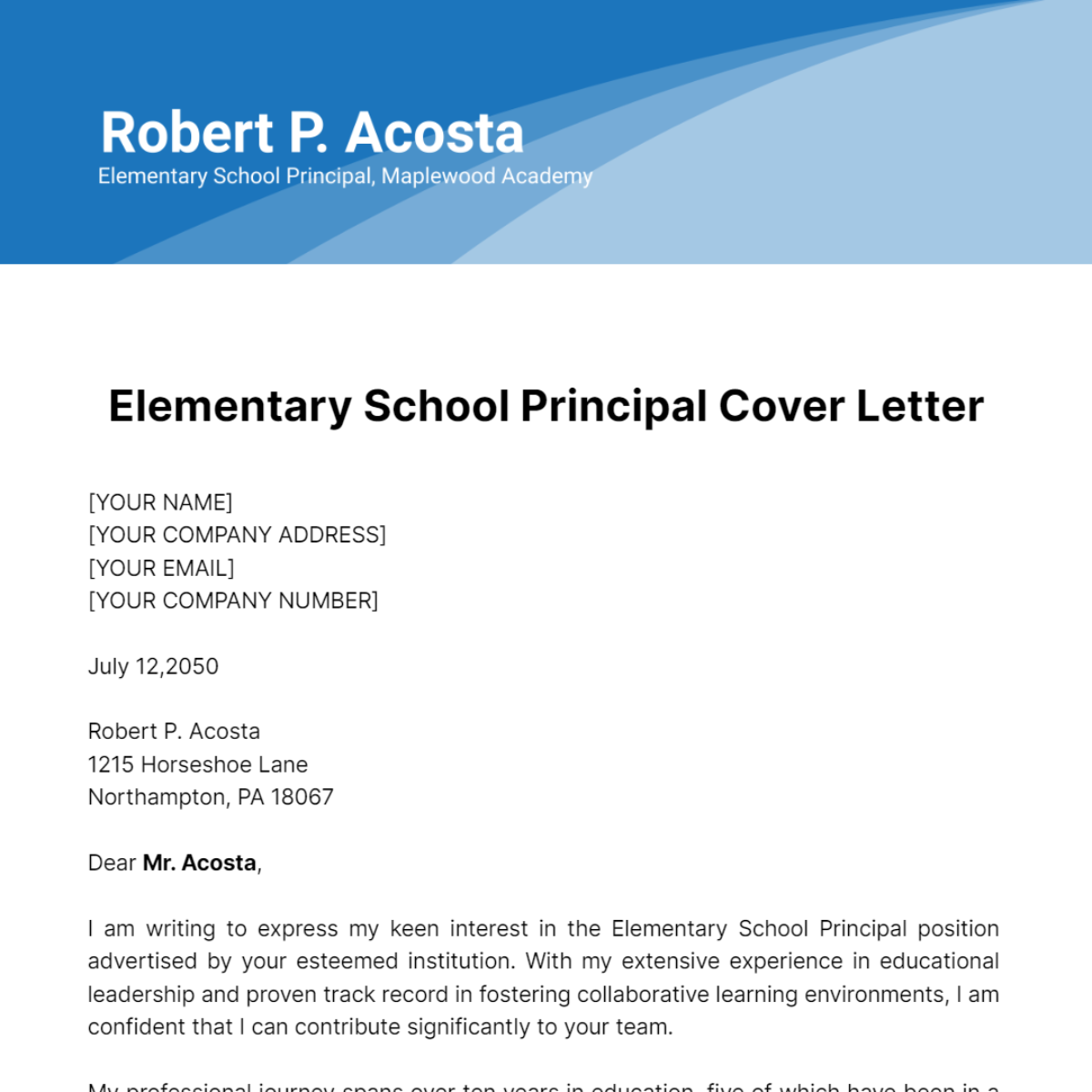 Elementary School Principal Cover Letter Template