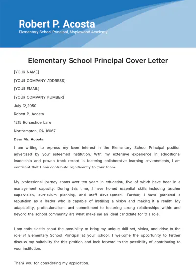 Free Elementary School Principal Cover Letter Template to Edit Online