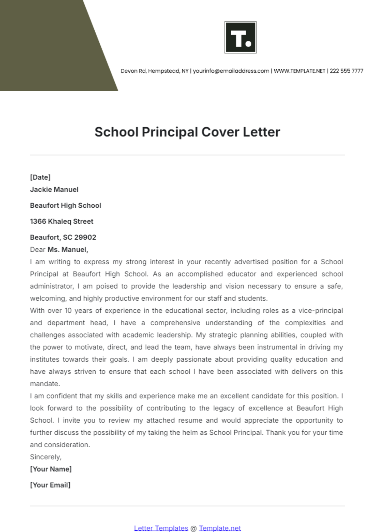 School Principal Cover Letter Template - Edit Online & Download