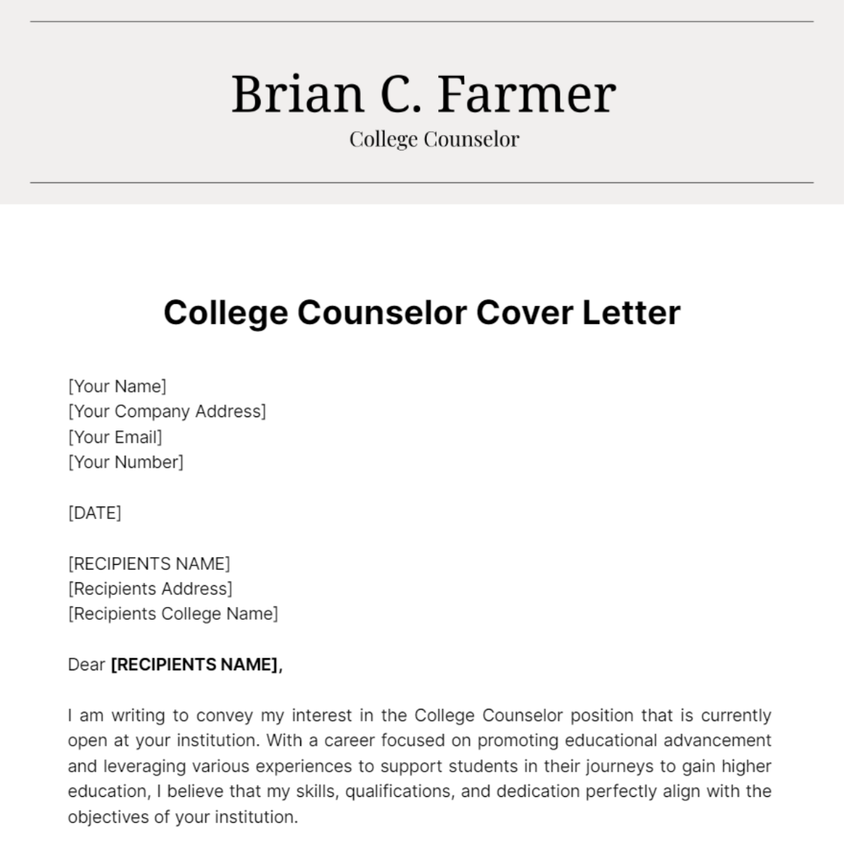 College Counselor Cover Letter Template