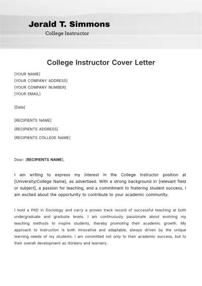 Free College Instructor Cover Letter Template to Edit Online