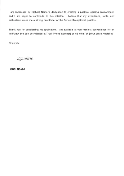 Free School Receptionist Cover Letter Template to Edit Online