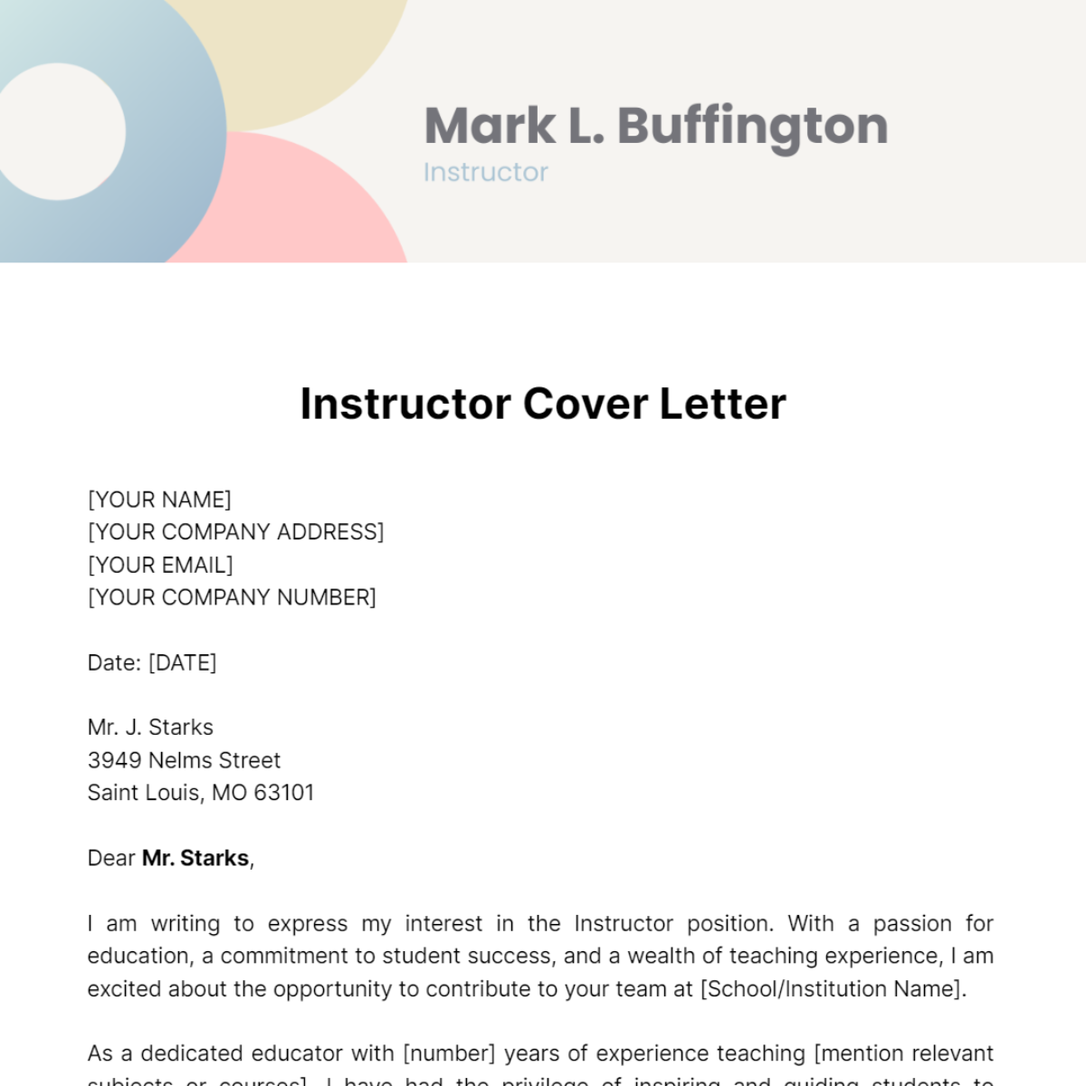Instructor Cover Letter Template