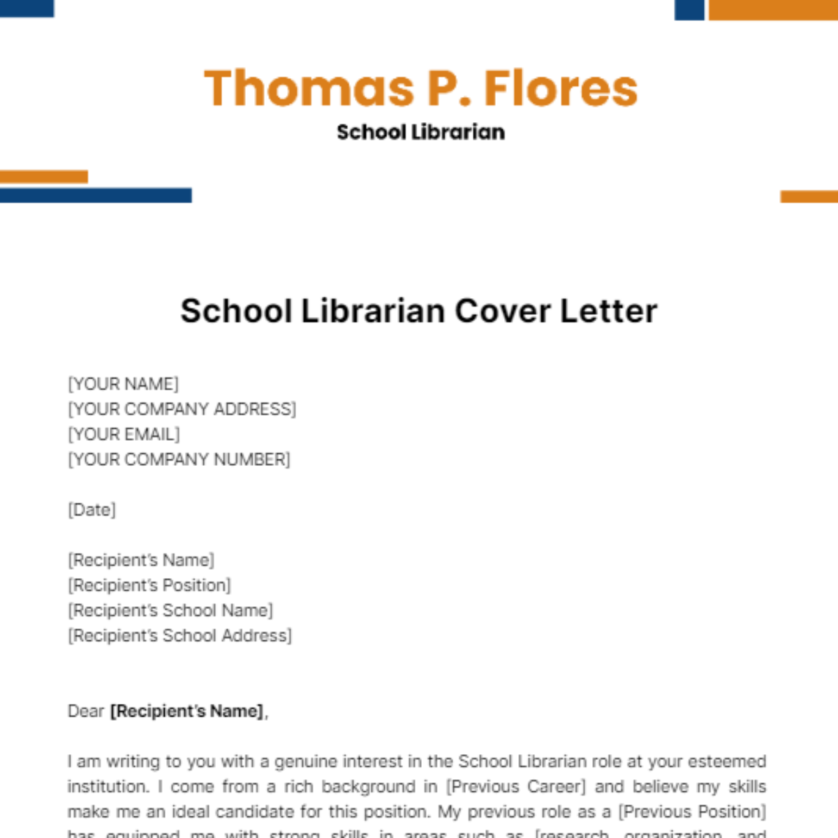 School Librarian Cover Letter Template
