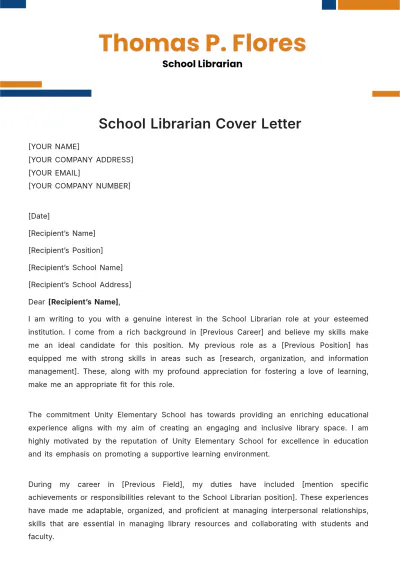 Free School Librarian Cover Letter Template to Edit Online