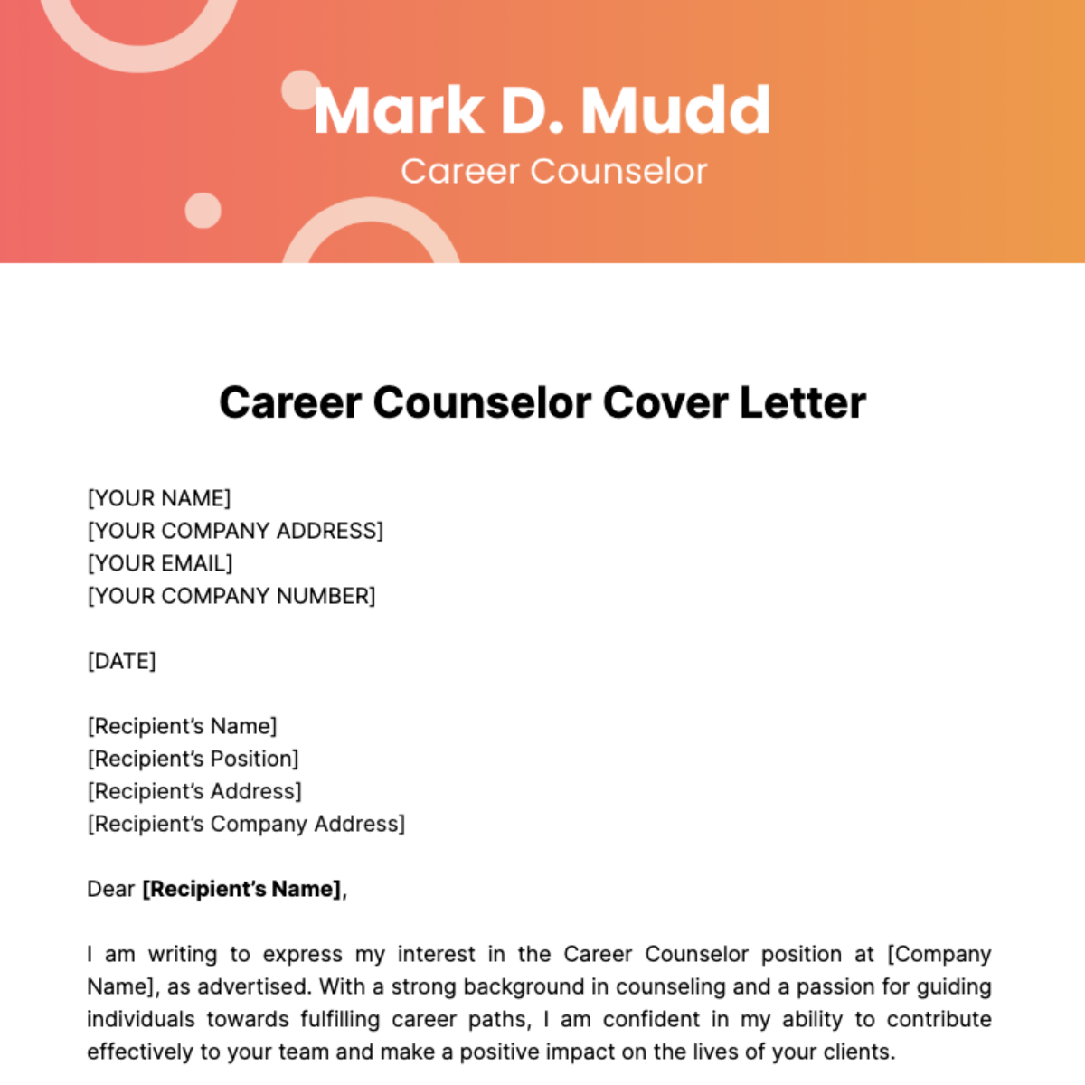 Free Career Counselor Cover Letter Template