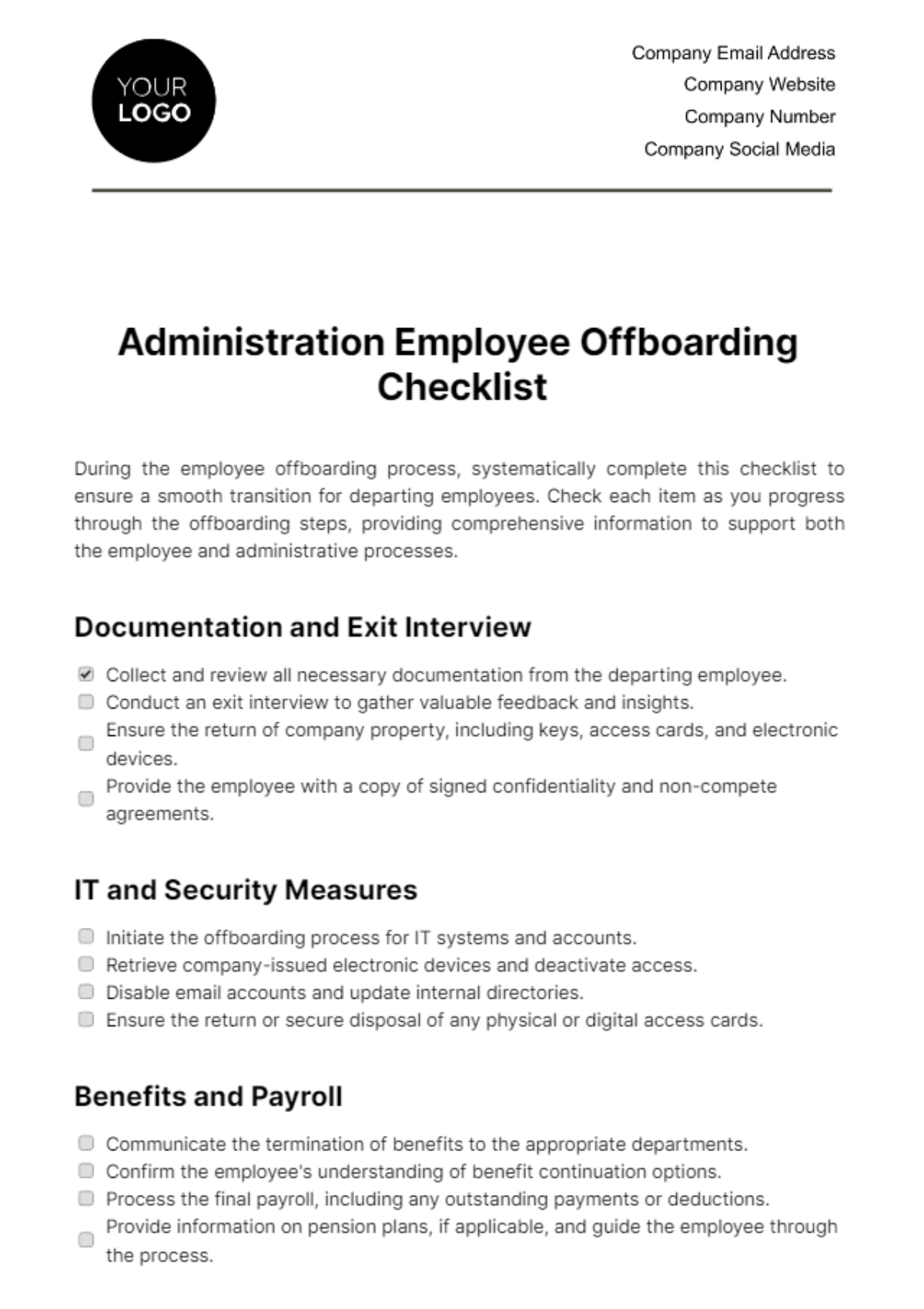 Administration Employee Offboarding Checklist Template