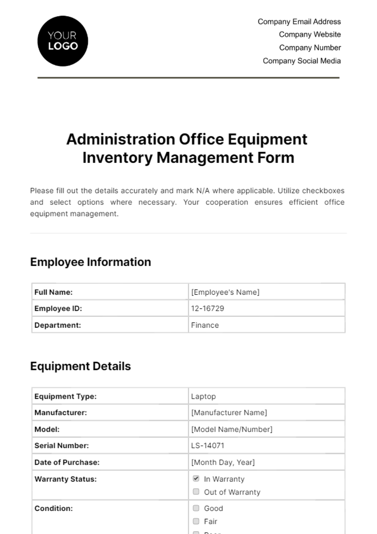 Free Administration Office Equipment Inventory Management Form Template