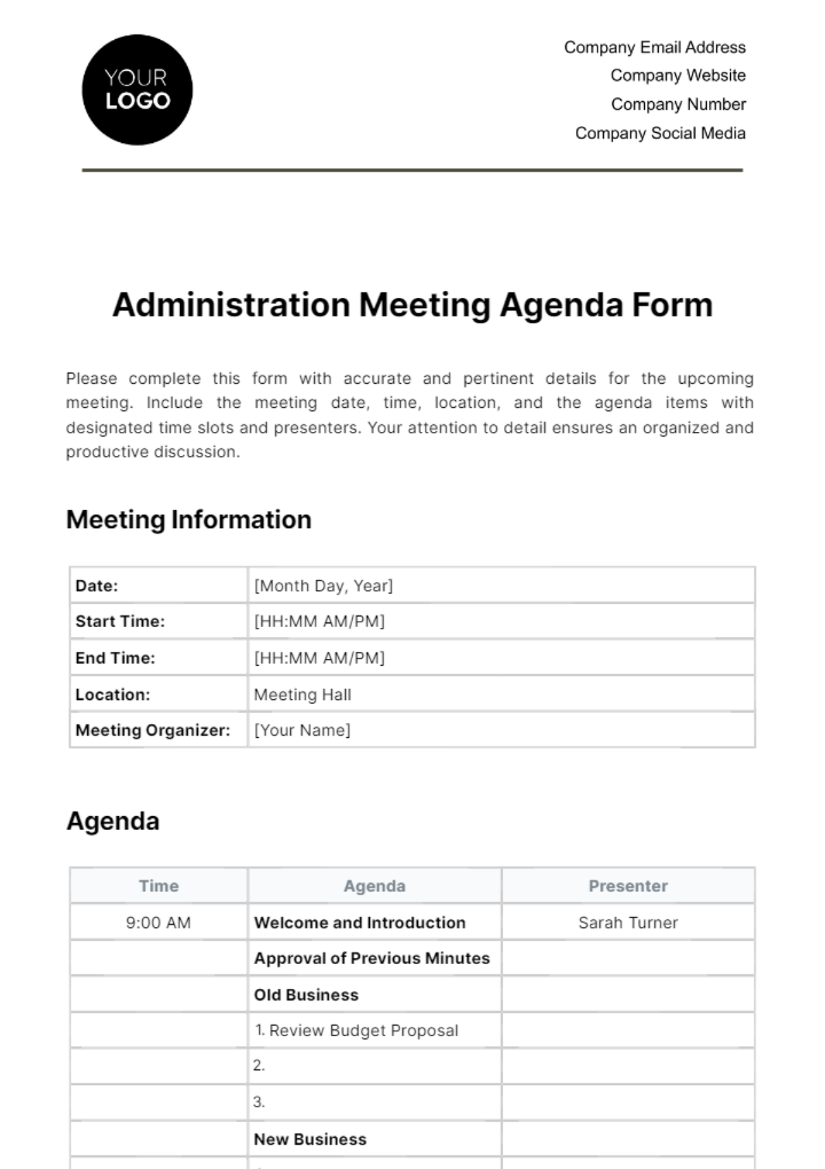 Administration Meeting Agenda Form Template