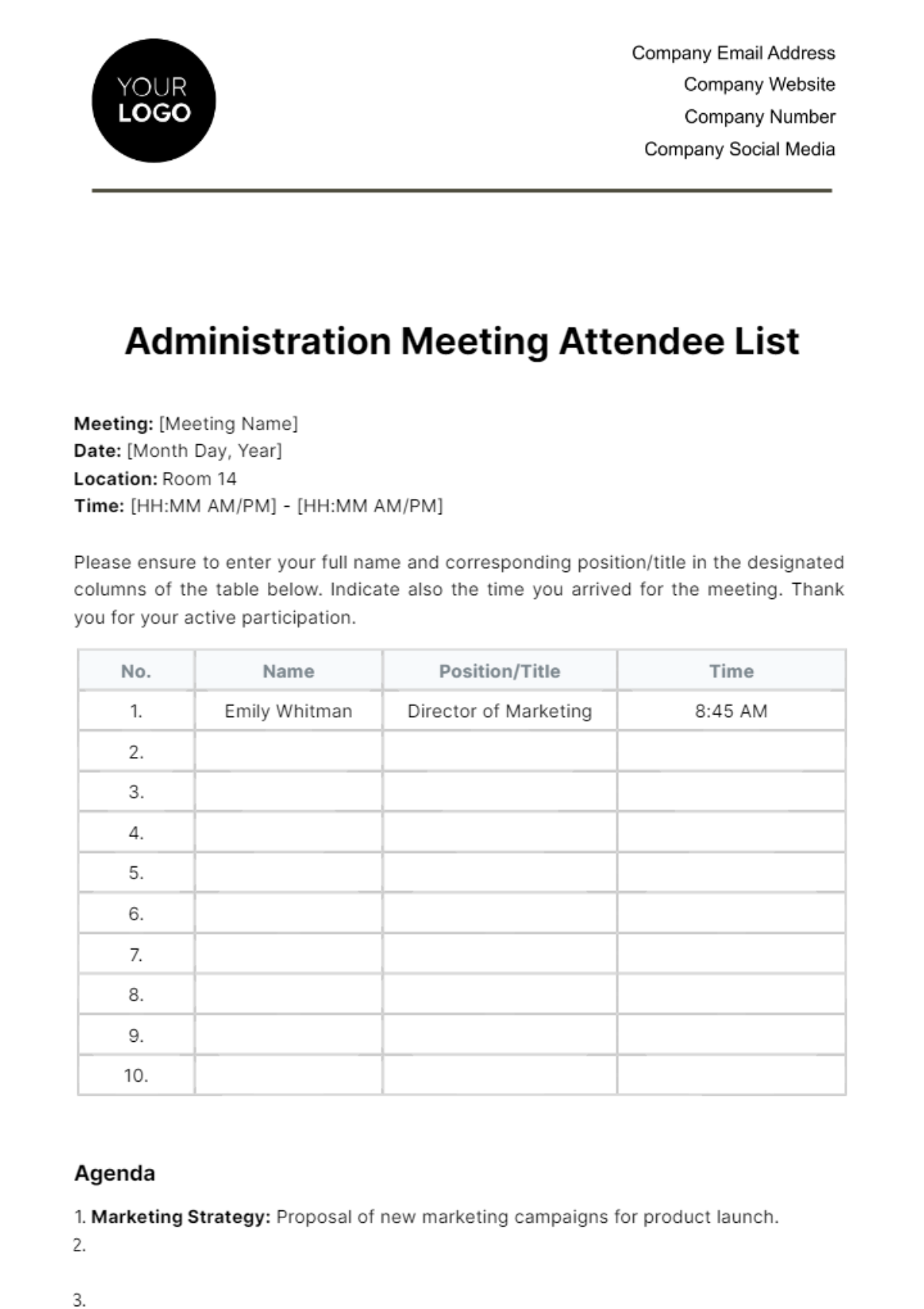 Free Administration Meeting Attendee List Template