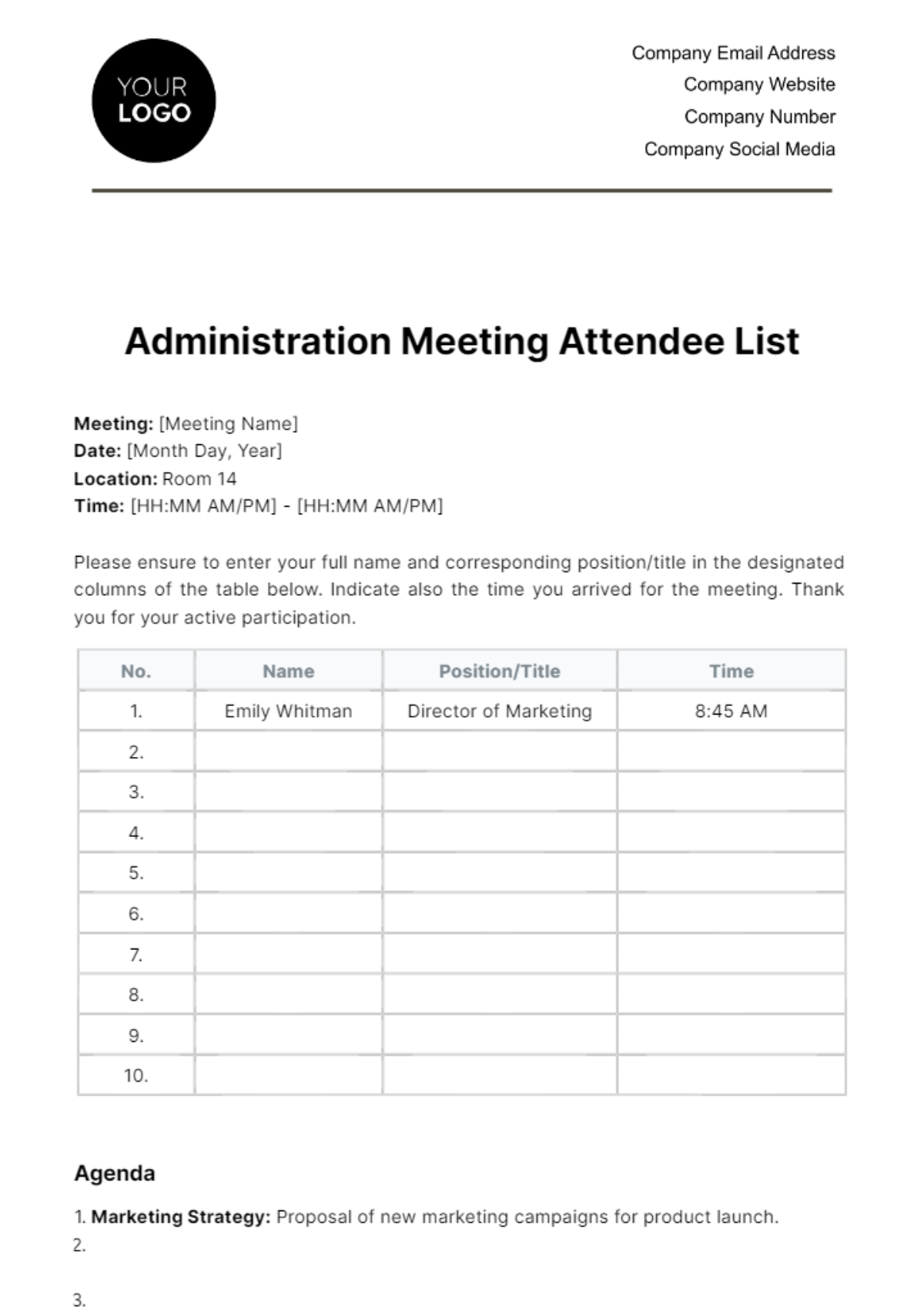 Free Administration Meeting Attendee List Template To Edit Online