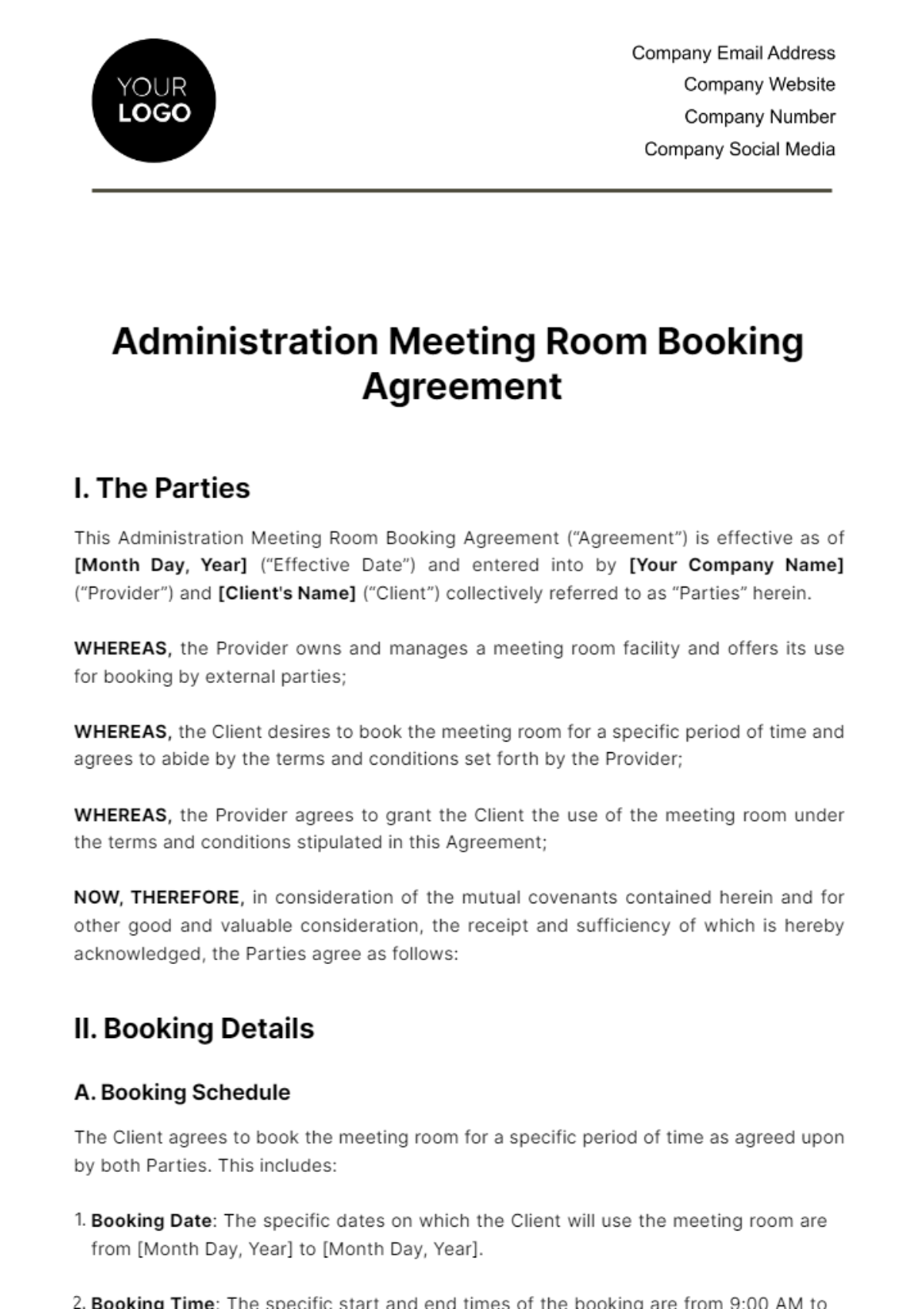 Administration Meeting Room Booking Agreement Template