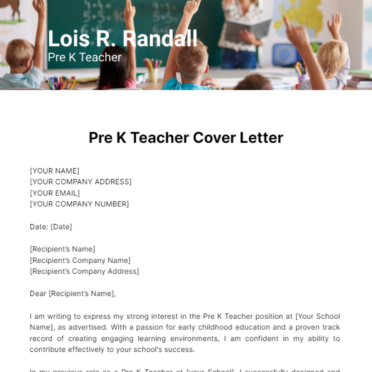 Pre K Teacher Cover Letter Template