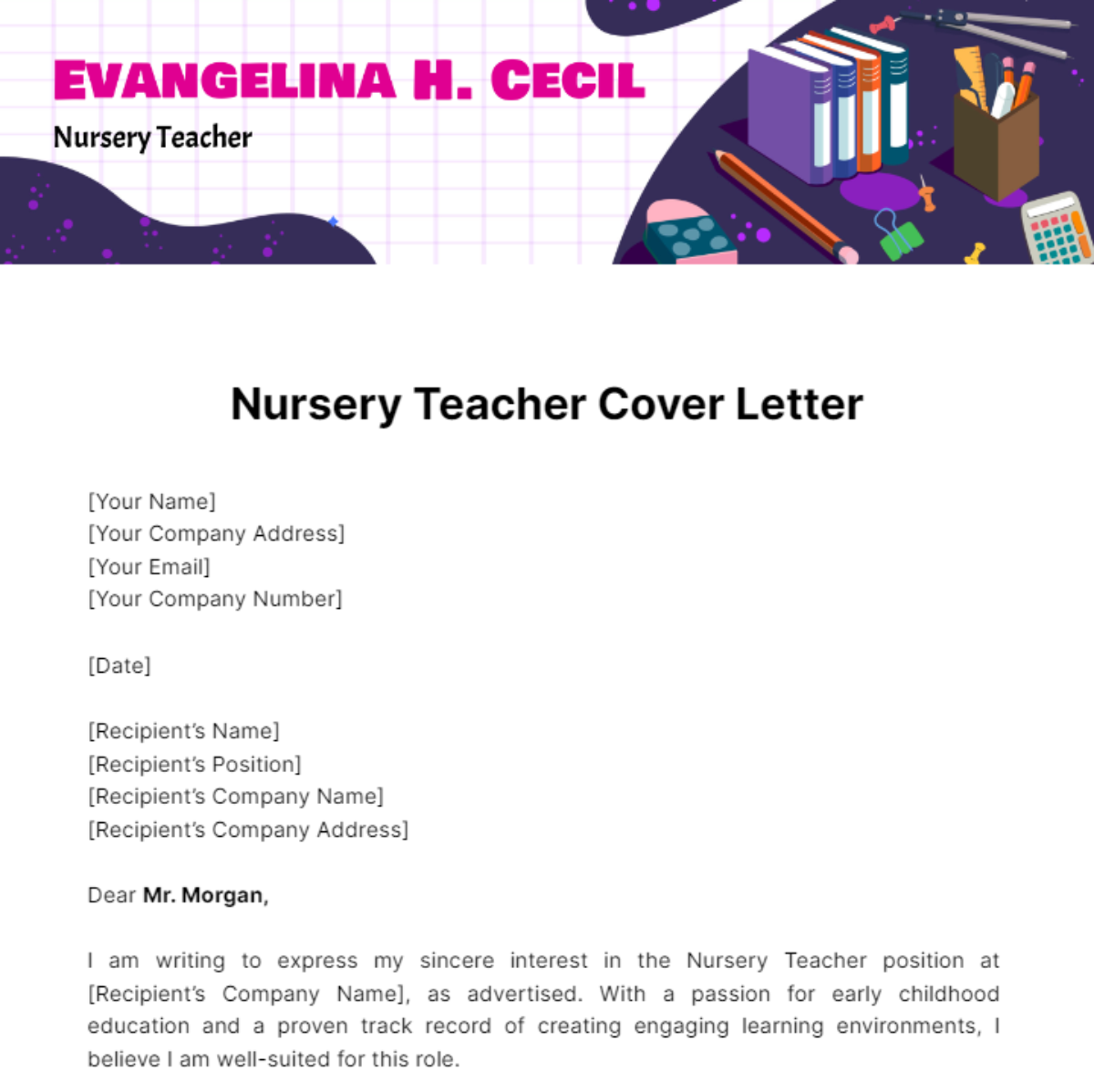 cover letter nursery teacher