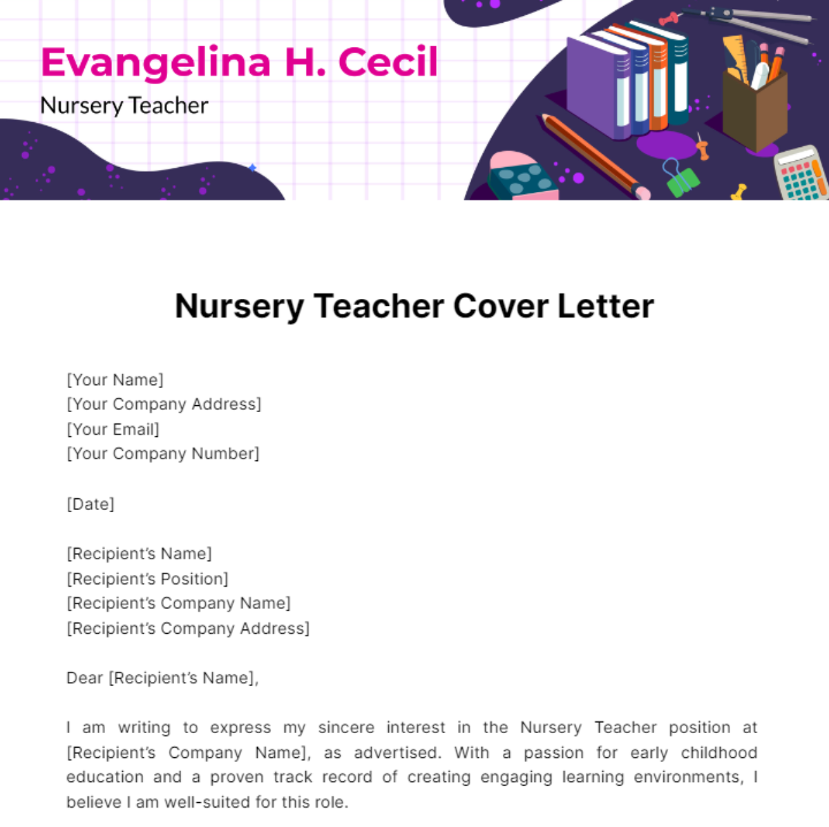 Nursery Teacher Cover Letter Template