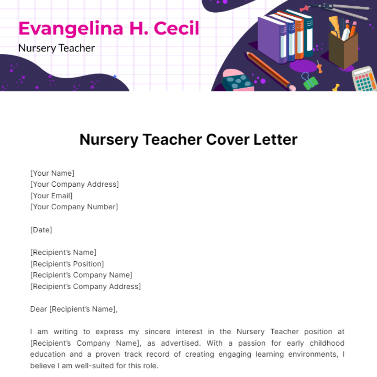 Nursery Teacher Cover Letter Template - Edit Online & Download