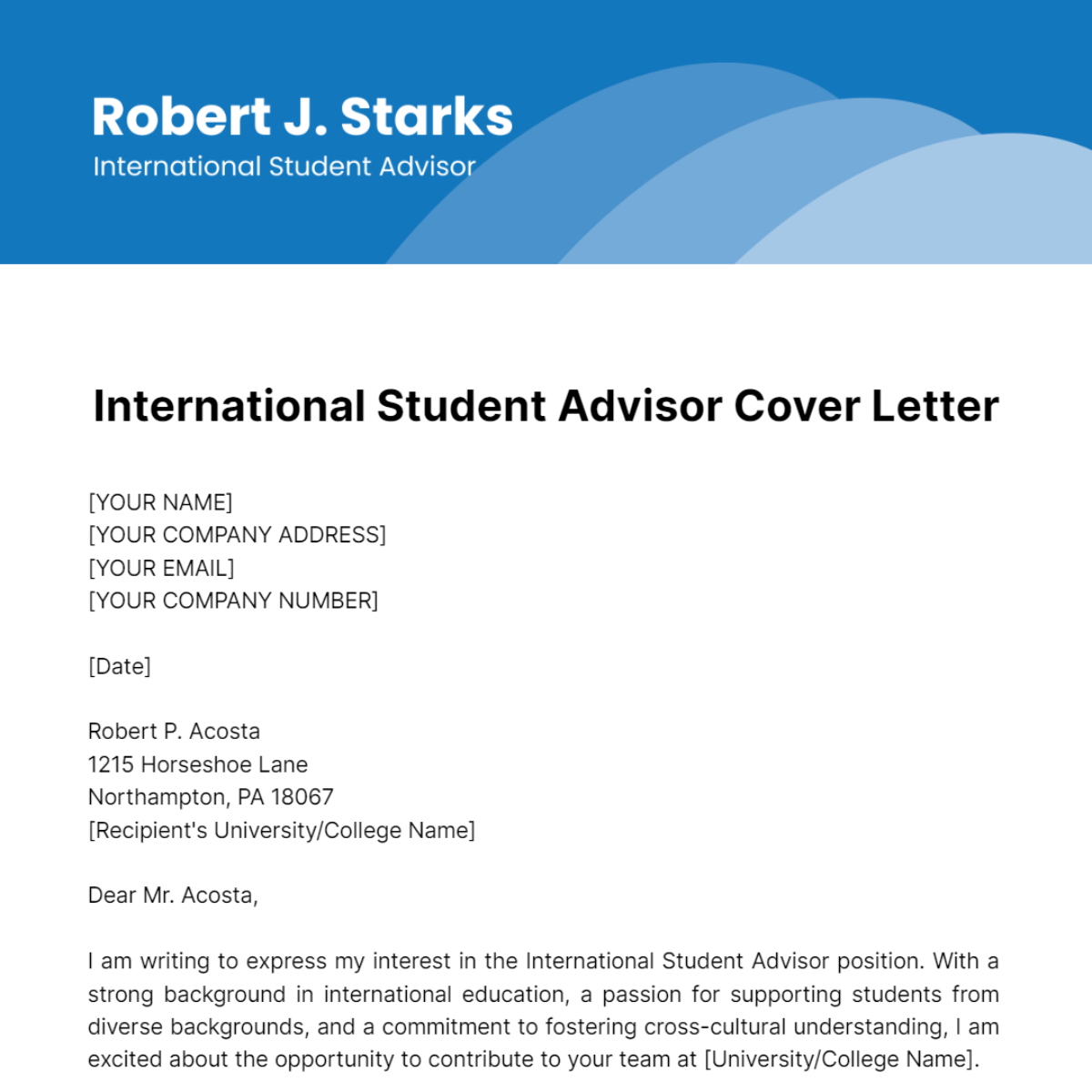 International Student Advisor Cover Letter Template