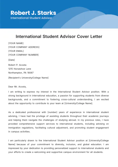 Free International Student Advisor Cover Letter Template to Edit Online