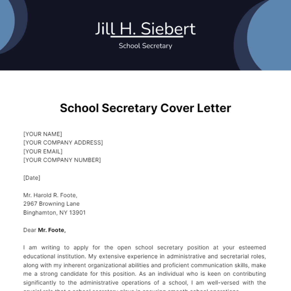 School Secretary Cover Letter Template