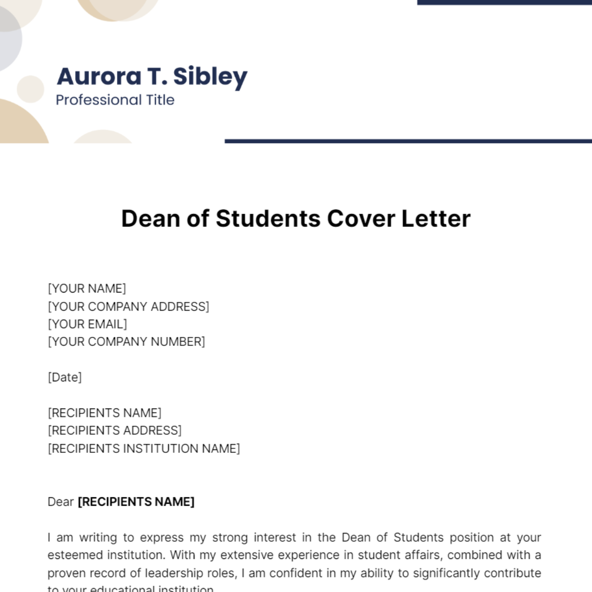 Dean of Students Cover Letter Template