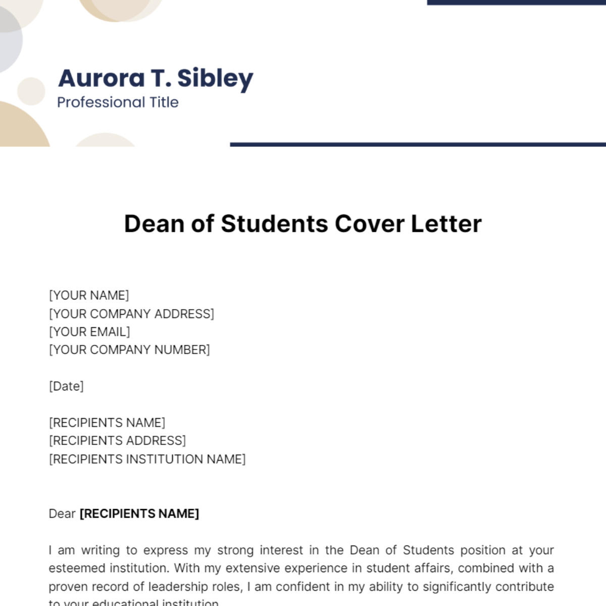 Free Dean of Students Cover Letter Template - Edit Online & Download ...