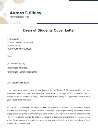 Free Dean of Students Cover Letter Template to Edit Online