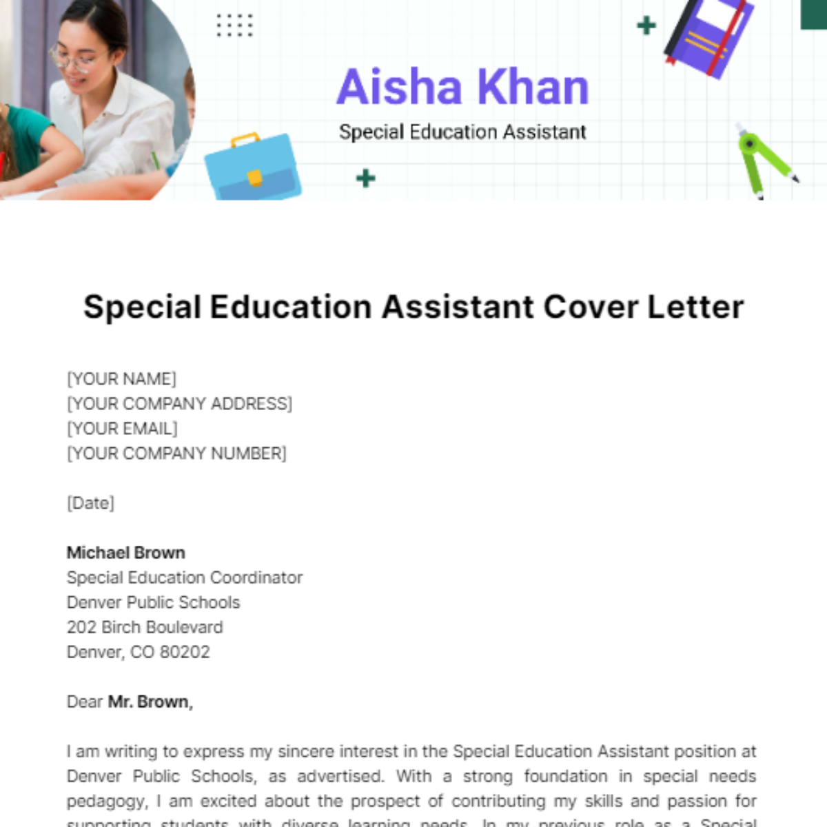Free Special Education Assistant Cover Letter Template