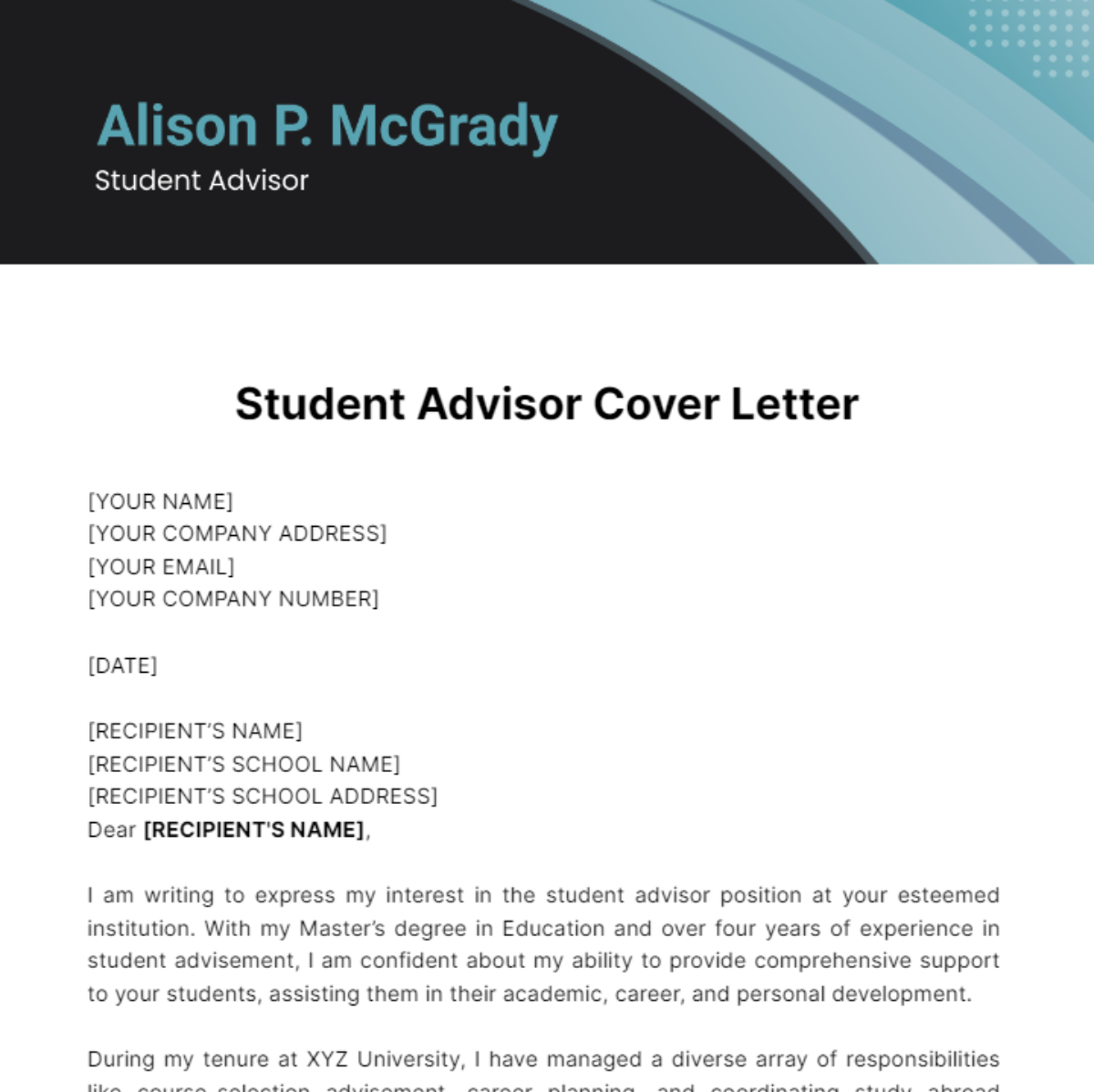 student advisor cover letter example