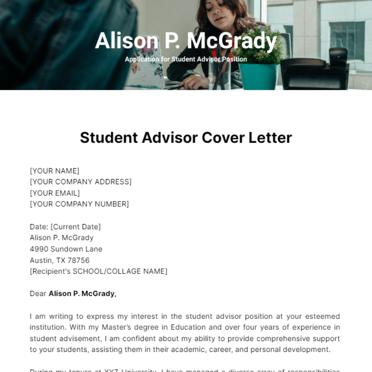 Student Advisor Cover Letter Template Download Template Net   Student Advisor Cover Letter Template Edit Online 