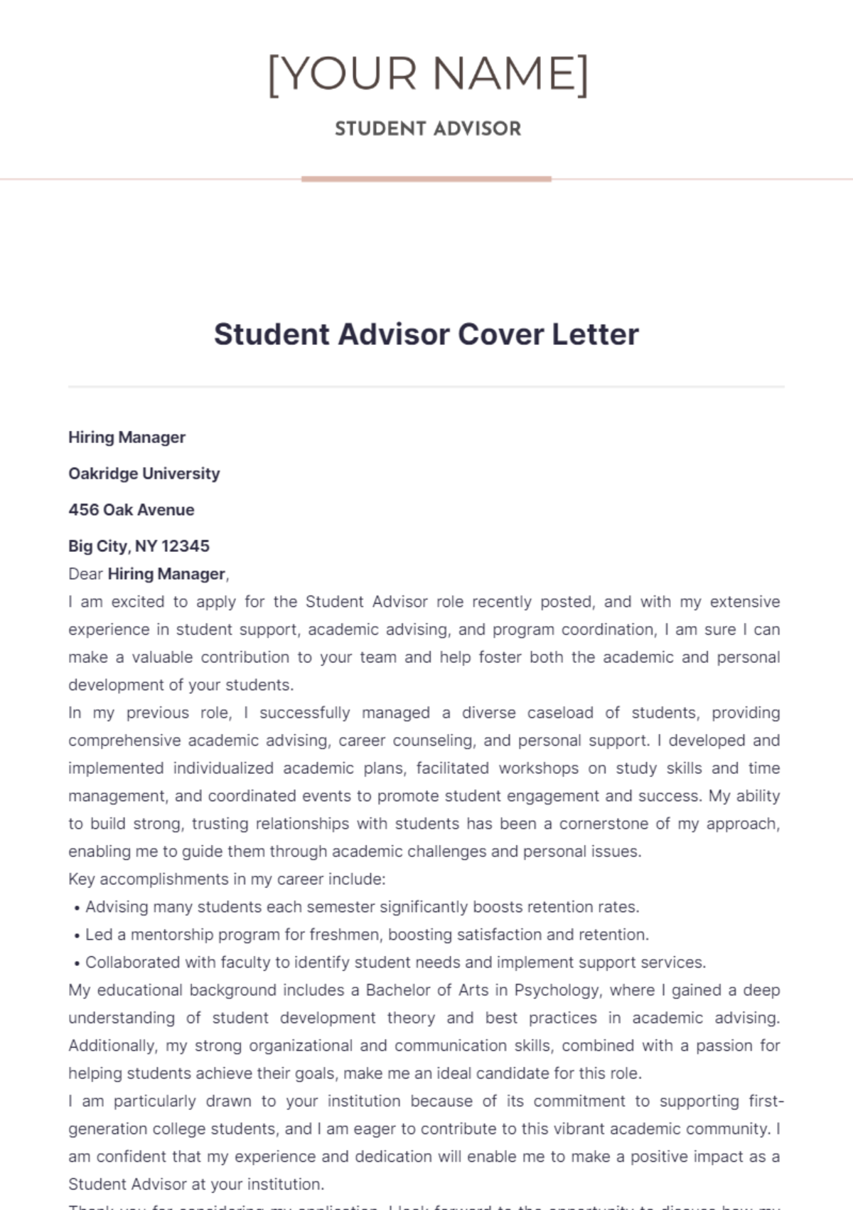 Student Advisor Cover Letter - Edit Online & Download