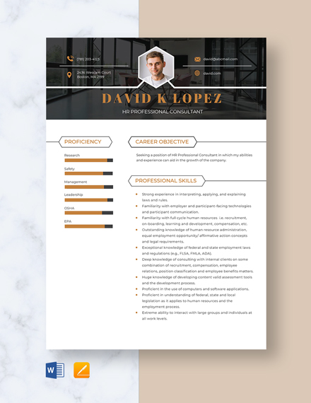 HR Professional Consultant Resume Template - Word, Apple Pages