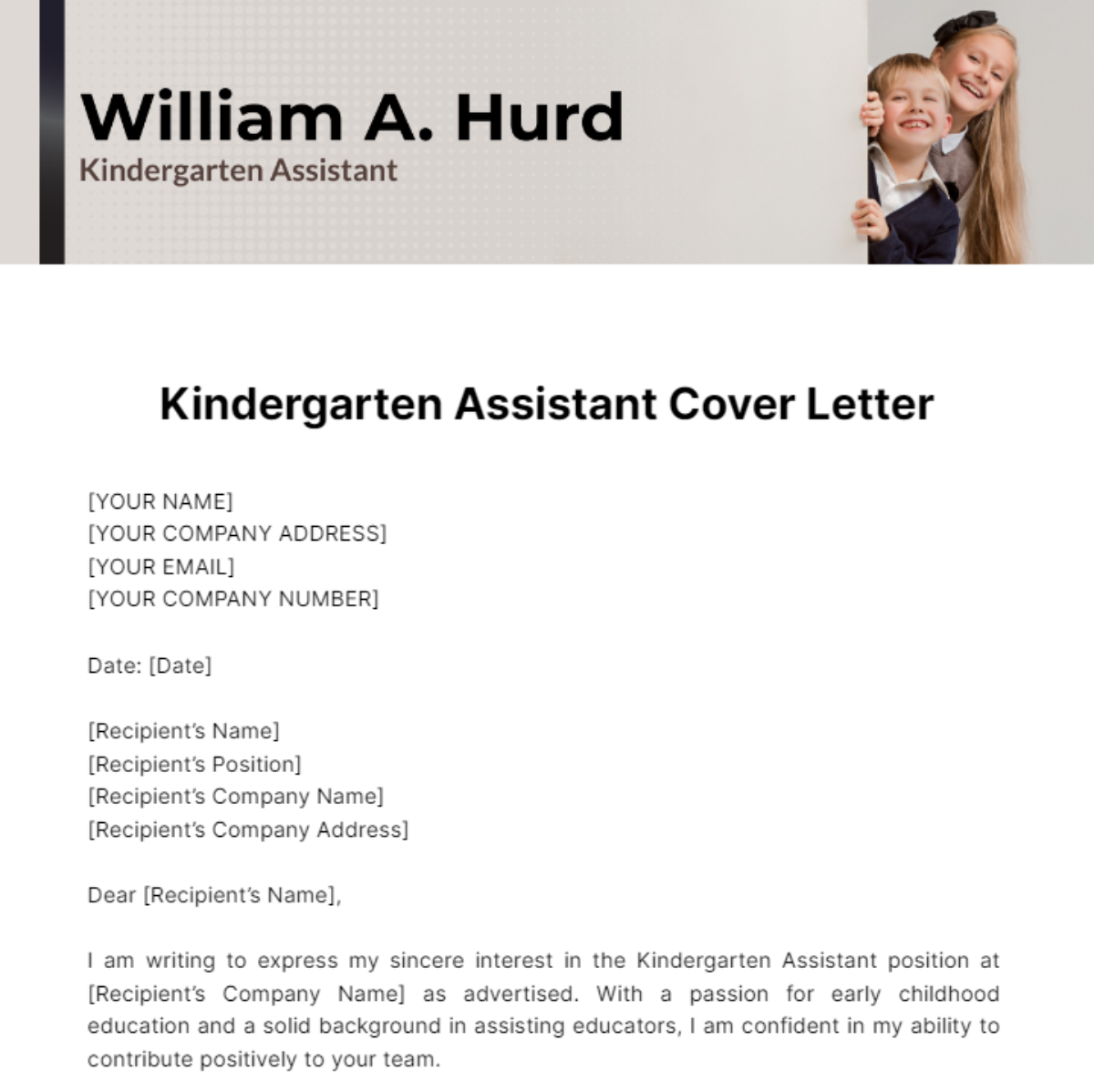 Free Kindergarten Assistant Cover Letter Template