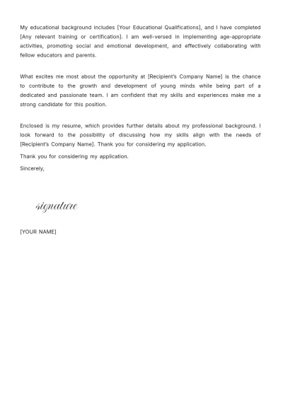 Free Kindergarten Assistant Cover Letter Template to Edit Online