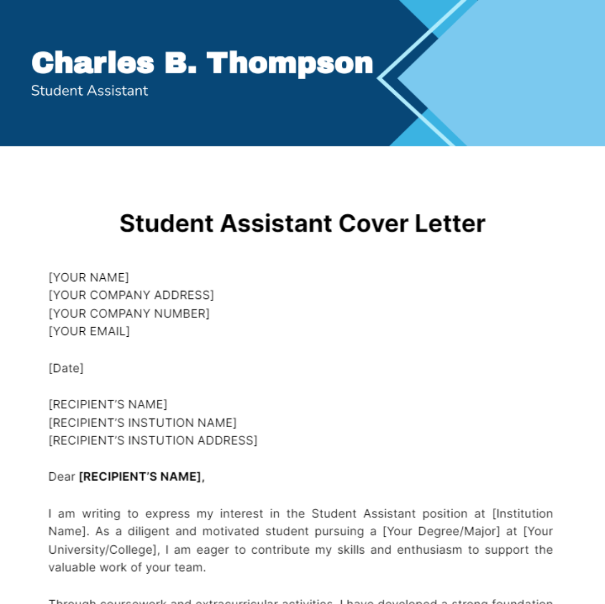 Free Student Assistant Cover Letter Template