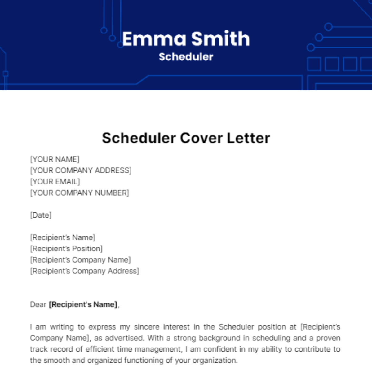 Scheduler Cover Letter Template