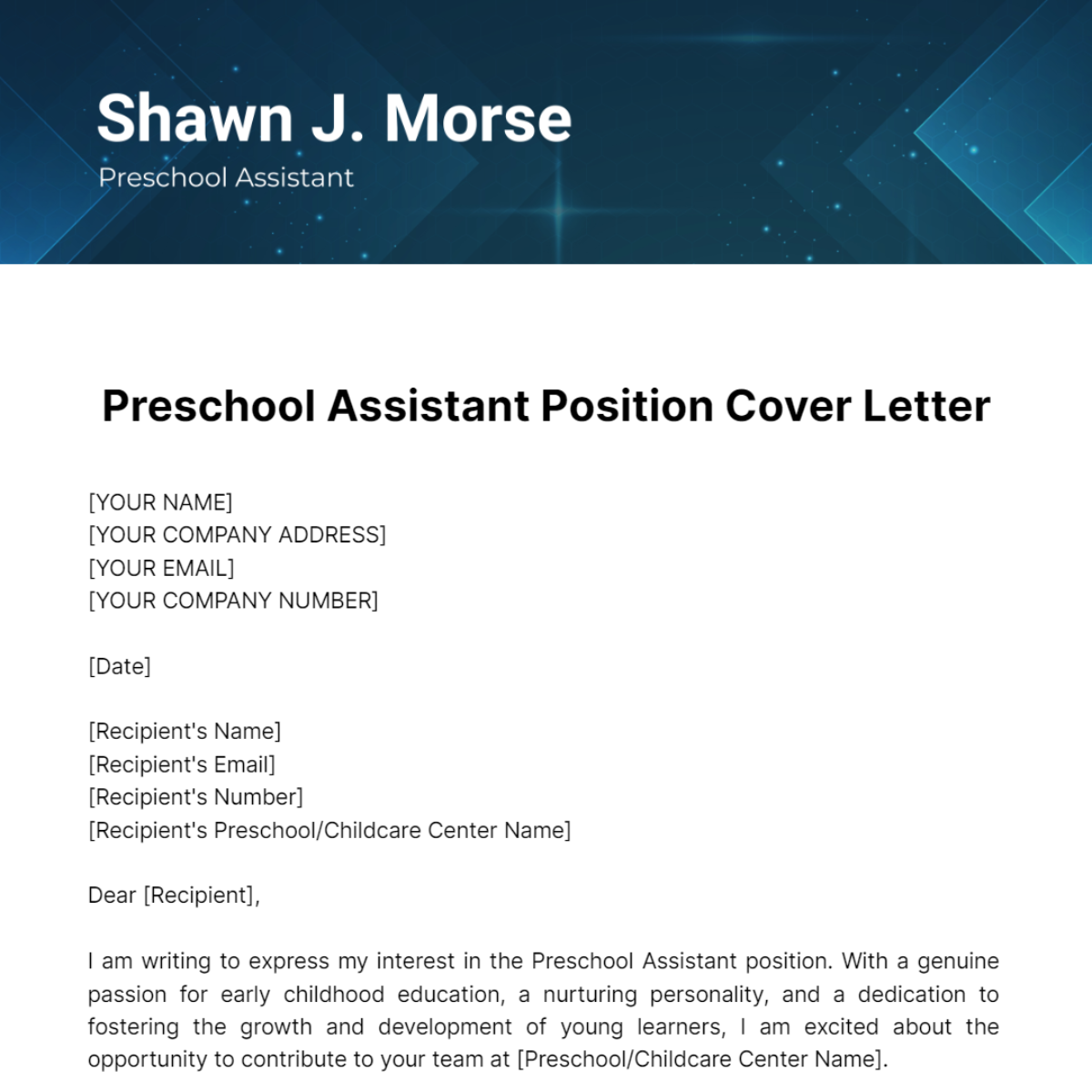 Free Preschool Assistant Cover Letter Template