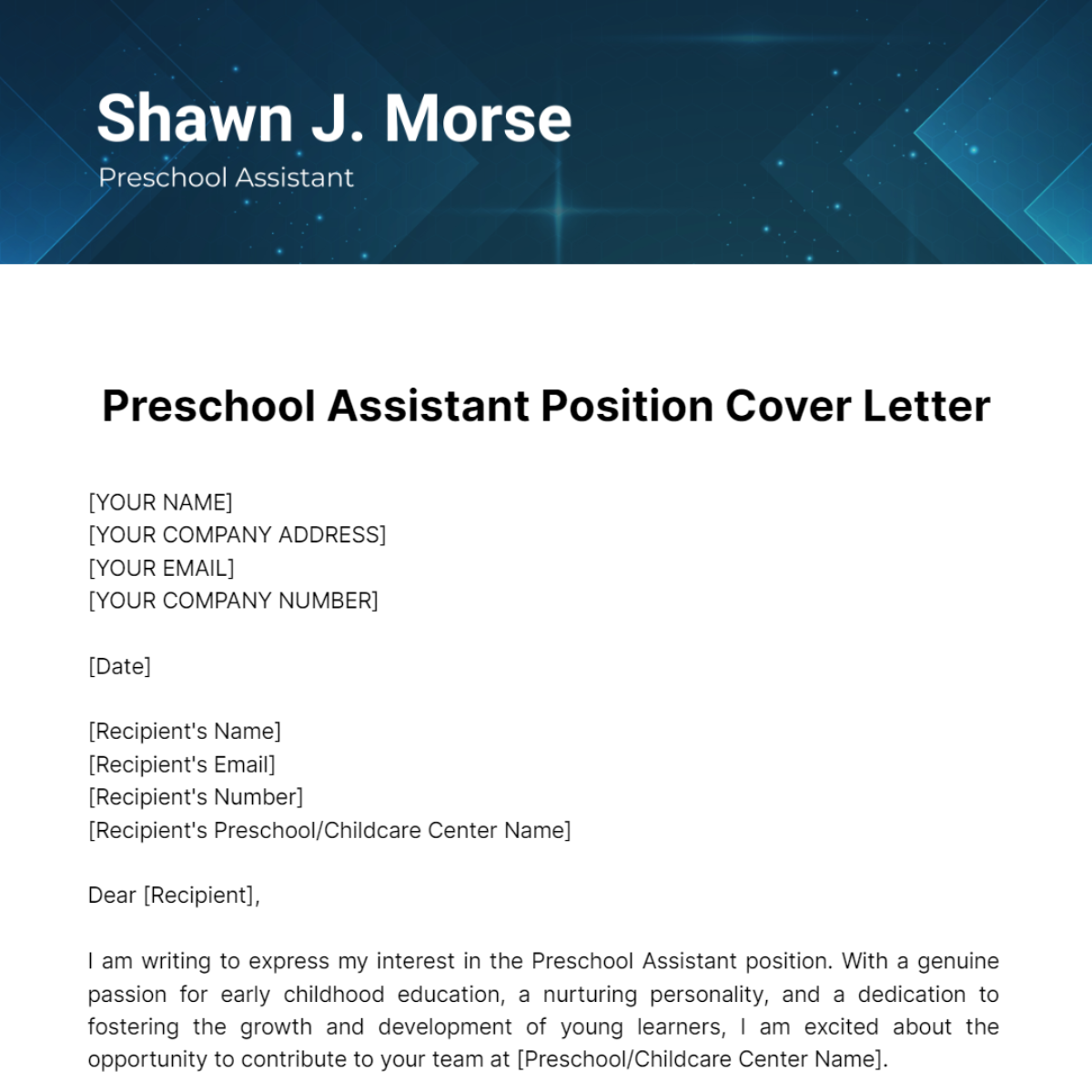 Preschool Assistant Cover Letter Template - Edit Online & Download