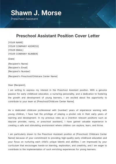 Free Preschool Assistant Cover Letter Template to Edit Online
