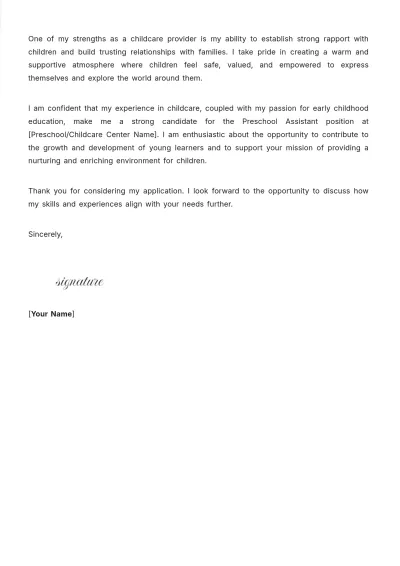 Free Preschool Assistant Cover Letter Template to Edit Online