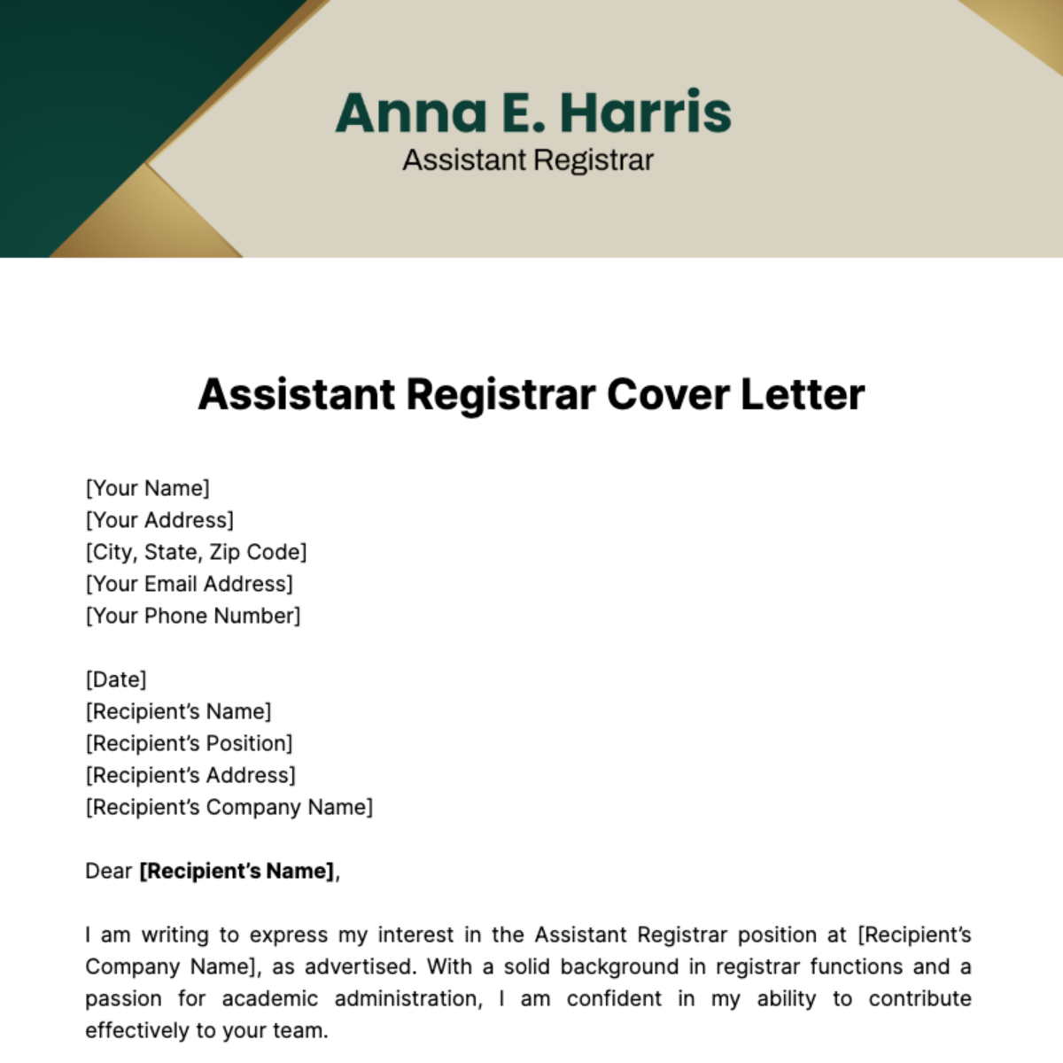 Assistant Registrar Cover Letter Template