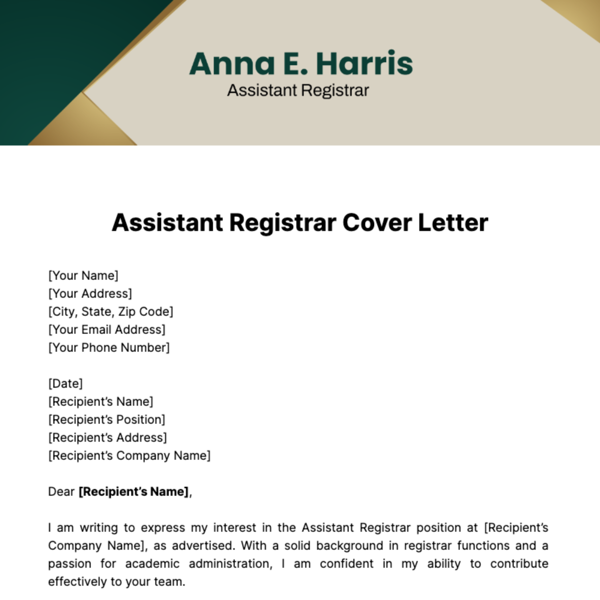 Assistant Registrar Cover Letter Template - Edit Online & Download