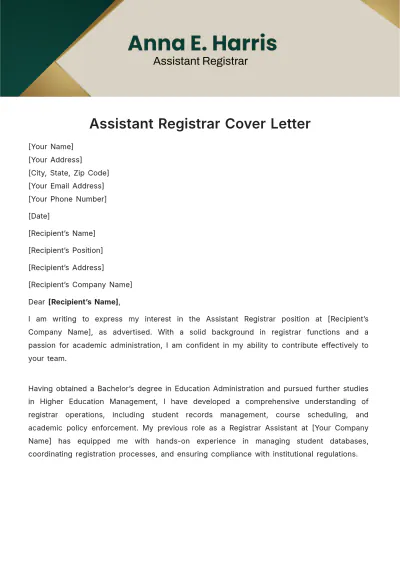 Free Assistant Registrar Cover Letter Template to Edit Online